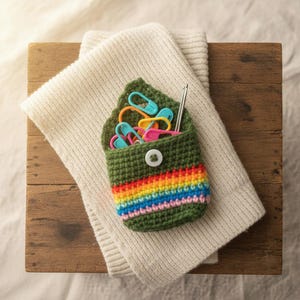 May include: A green crochet pouch with a rainbow stripe design, containing colourful stitch markers and a crochet hook. The pouch is fastened with a white button. The pouch rests on a cream-coloured knitted item and a wooden surface.