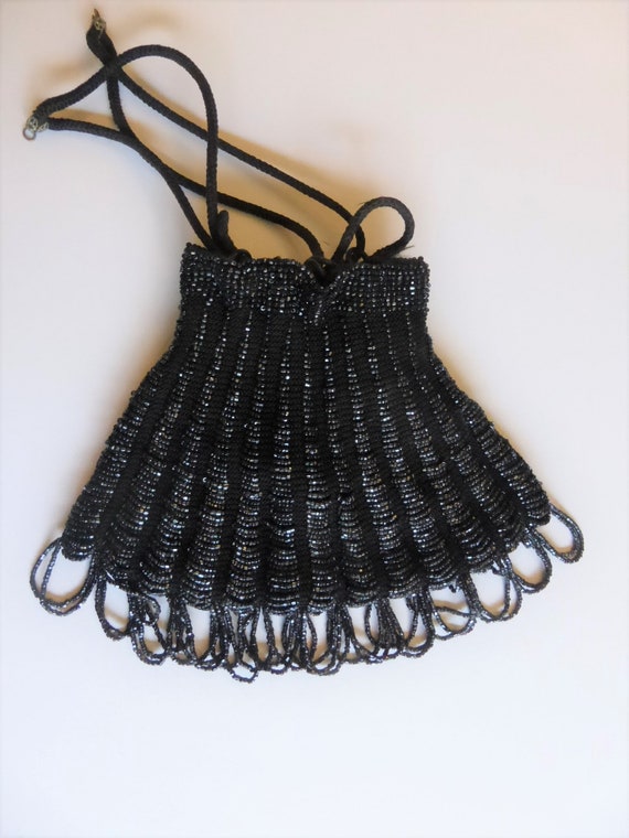 Art Deco Black Beaded Antique Crocheted Drawstrin… - image 1