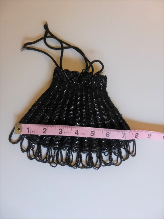 Art Deco Black Beaded Antique Crocheted Drawstrin… - image 4