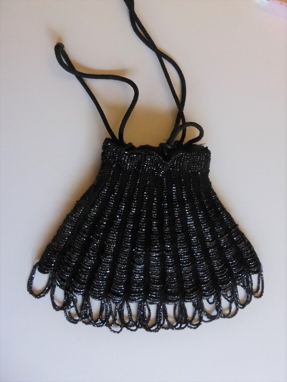 Art Deco Black Beaded Antique Crocheted Drawstrin… - image 7