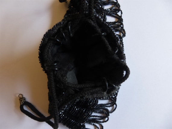 Art Deco Black Beaded Antique Crocheted Drawstrin… - image 3