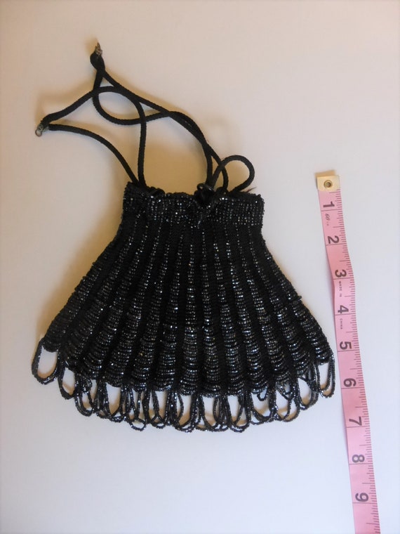 Art Deco Black Beaded Antique Crocheted Drawstrin… - image 5