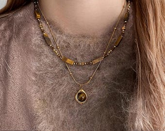 Tiger Eye Layered Necklace Set | Double Strand Gold Pendant Necklace | Natural Stone Boho Jewelry Gift for Women | Layered Gold Necklace