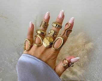 Gold Statement 10 Stück Ring Set, verstellbare Goldringe für Frauen, klobige minimale Ringe, Boho moderne Schmuck Geschenk
