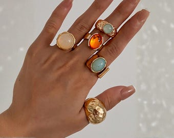 Gold Statement 7pcs Ring Set, Adjustable Chunky Rings, Natural Stone Rings, Modern Minimal Jewelry, Gift for Her