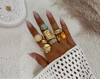 Goldenes 7-teiliges Statement-Ring-Set, klobige Boho-Ringe, minimalistischer Schmuck, Perlenring-Set, Geschenk für Frauen