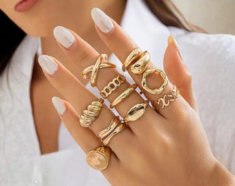 Gold Boho Ring Set for Women, Minimalist Chunky Stackable Rings, Geometric Knuckle Rings, Dainty Jewelry Gift for Her, Adjustable Midi Rings