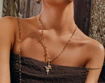 Gold Cross Pendant Necklace – Vintage Boho Religious Jewelry