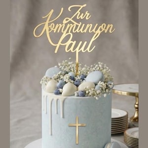Cake Topper Zur Kommunion mit Name & Kreuz | Personalisierter Tortenstecker Erstkommunion | Tortenstecker Kommunion mit Name