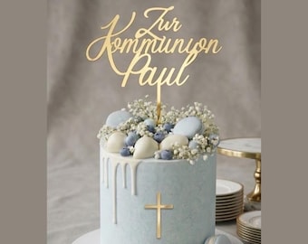 Cake Topper Zur Kommunion mit Name & Kreuz | Personalisierter Tortenstecker Erstkommunion | Tortenstecker Kommunion mit Name