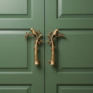 poignées de porte vintage en laiton perroquet | Paire de poignées de tirage de branche d'arbre de 8 po. | Quincaillerie antique pour porte anti-oiseaux pour porte principale, armoire et meuble