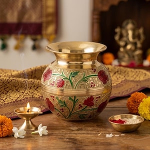 Meenakari Brass Kalash 4 Inch | Floral Engraved Pooja Lota | Heavy Brass Water Pot for Hindu Mandir | Karwa Chauth & Diwali Puja Accessories