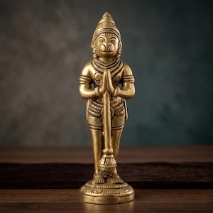 Puede incluir: Una estatua dorada de Hanuman, una deidad hindú, de pie con las manos juntas en oración. La estatua sostiene una maza y está sobre una base redonda. La base tiene el texto "HANUMANJI".