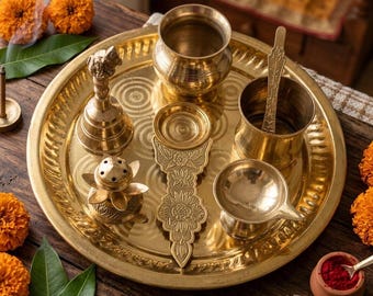 10 Inch Brass Pooja Thali Set|Puja Thali Set for Home|Pooja Thali|Arati Arathi Arthi| Karwa Chauth|Pooja Plate for Diwali|Housewarming gift
