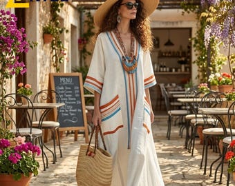 Women's Boho Striped Linen V-Neck Maxi Dress, Printed Loose Fit Kaftan Dress, Women's Summer Beach Cover Up, Casual Resort Wear