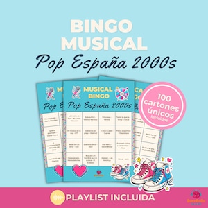 Bingo Musical Pop Español 2000s | Juego imprimible para fiesta | 100 cartones + Playlist | Nostalgia millennial