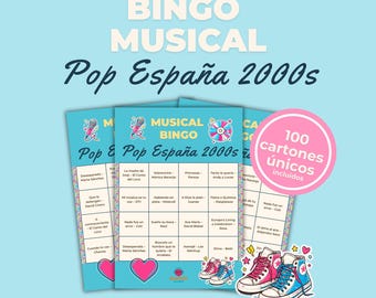 Bingo Musical Pop Español 2000s | Juego imprimible para fiesta | 100 cartones + Playlist | Nostalgia millennial
