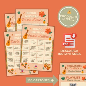 May include: A stack of Bingo cards with a musical theme, featuring a guitar and tropical flowers. The cards are labeled "Fiesta Latina" and include the text "100 Cartones". A digital product download is also shown.