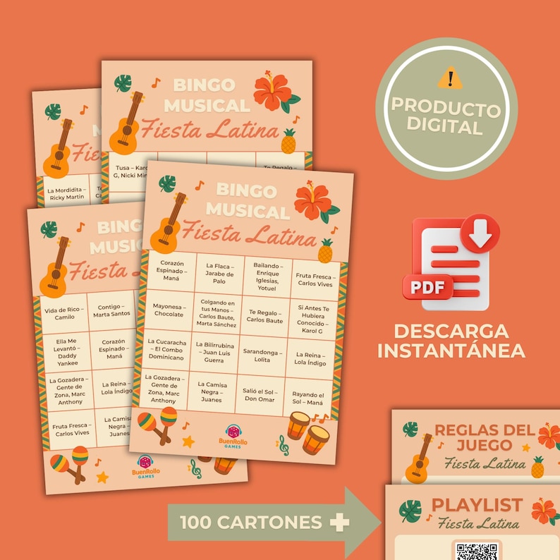 May include: A stack of Bingo cards with a musical theme, featuring a guitar and tropical flowers. The cards are labeled "Fiesta Latina" and include the text "100 Cartones". A digital product download is also shown.
