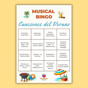Canciones del Verano Music Bingo | Juego para Fiestas | Summer Party Game | Hits 90s 2000s 2010s | Juego Musical Imprimible | 100 Cartones imagen 3