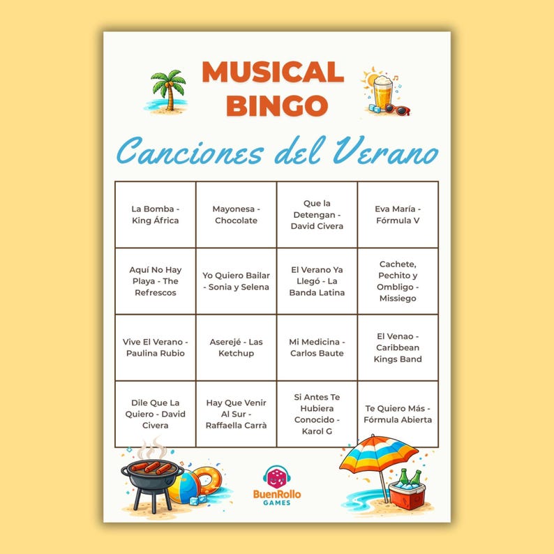 Canciones del Verano Music Bingo | Juego para Fiestas | Summer Party Game | Hits 90s 2000s 2010s | Juego Musical Imprimible | 100 Cartones imagen 3