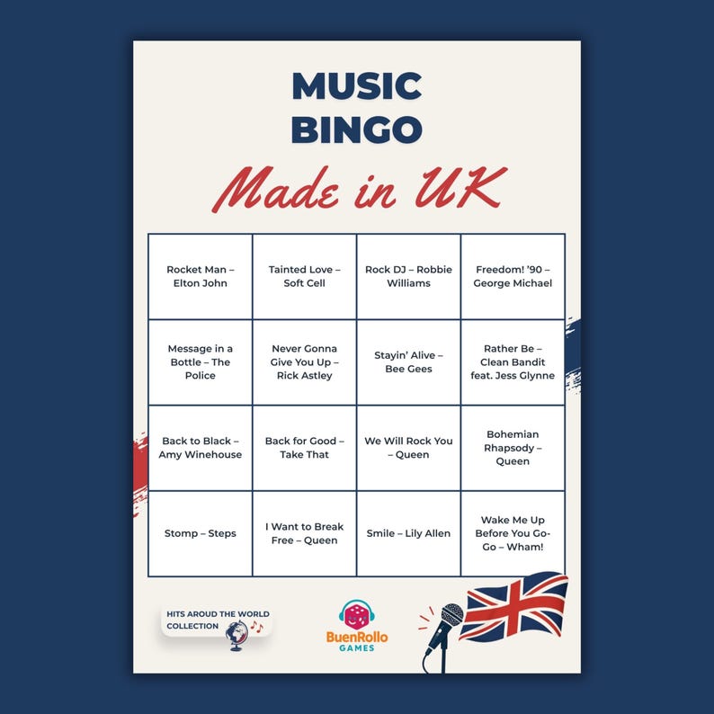 Puede incluir: Tarjeta de juego de bingo musical con t&iacute;tulos de canciones y artistas sobre un fondo azul. El texto "Made in UK" es rojo. Incluye el logo de BuenRollo Games y una bandera del Reino Unido.