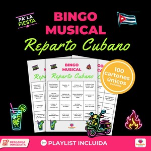 May include: A promotional image for a musical bingo game called "Reparto Cubano." The design features bingo cards, a Cuban flag, and a neon-style scooter. The text includes "100 unique cards included" and "Playlist Included."