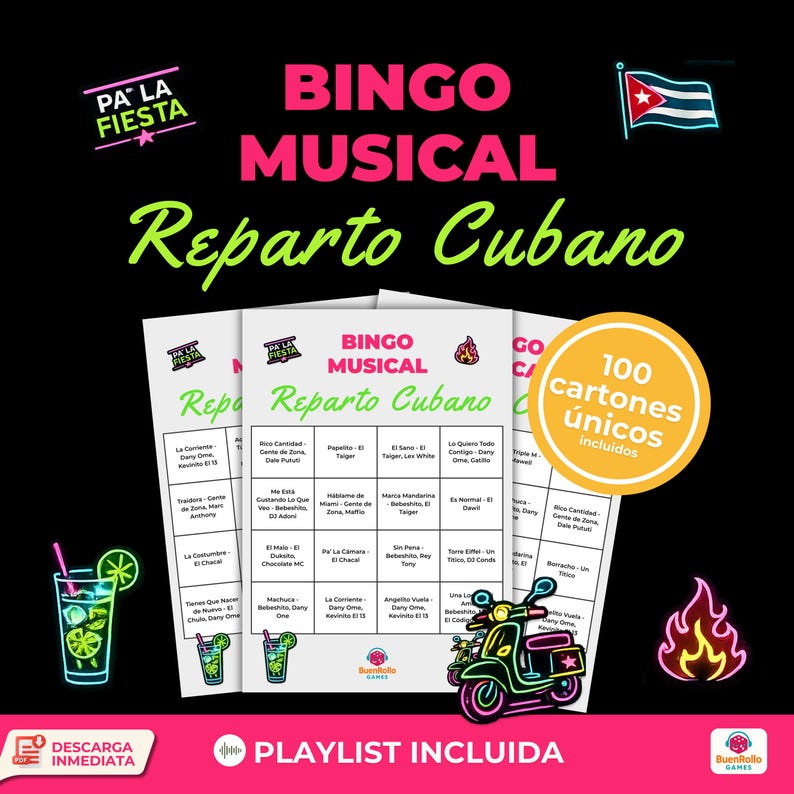 May include: A promotional image for a musical bingo game called "Reparto Cubano." The design features bingo cards, a Cuban flag, and a neon-style scooter. The text includes "100 unique cards included" and "Playlist Included."