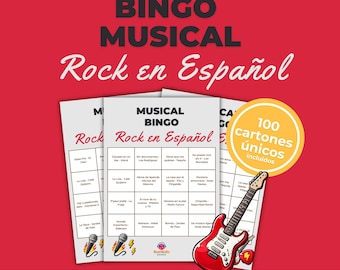 Printbare Spaanse pop-rockmuziekbingo | Feestspel voor volwassenen met muziek uit de jaren 80, 90 en 2000 | Printbaar PDF-bestand