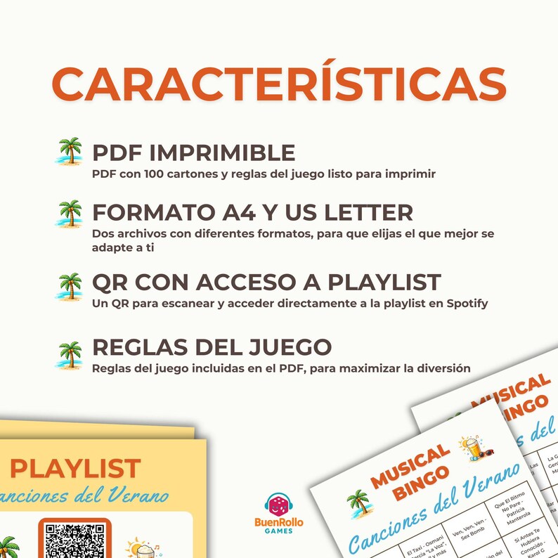 Puede incluir: Imagen promocional de un juego de bingo musical. La imagen presenta texto en espa&ntilde;ol, incluyendo "CARACTER&Iacute;STICAS" y "MUSICAL BINGO". Destaca caracter&iacute;sticas como PDFs imprimibles, formatos A4 y US Letter, acceso a una lista de reproducci&oacute;n mediante c&oacute;digo QR y reglas del juego.