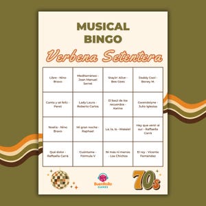 May include: A vintage-style Musical Bingo game card with the title "Verbena Setentera." The card features a grid of song titles and artist names, with a disco ball and the number "70s" at the bottom. The color scheme is brown, orange, and green.