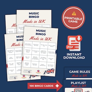 Puede incluir: Cartas de Bingo musical con el texto "Made in UK" y t&iacute;tulos de canciones. Tambi&eacute;n se ve un c&iacute;rculo rojo con "Juego imprimible" y un icono PDF con "Descarga instant&aacute;nea". La imagen tambi&eacute;n incluye el texto "100 tarjetas de bingo".