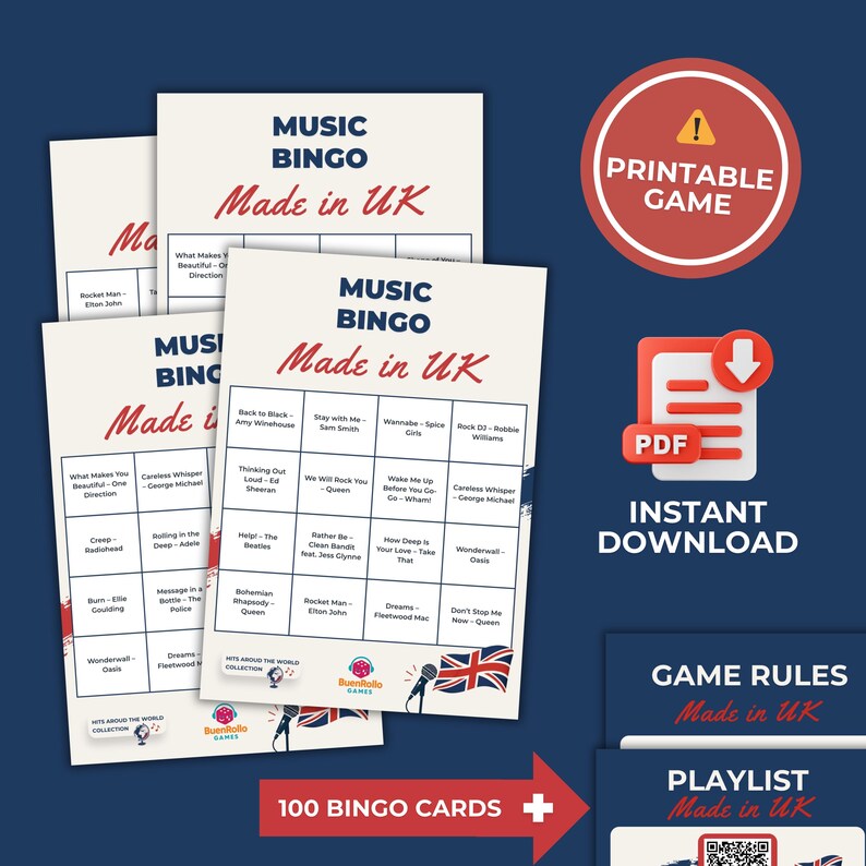 Puede incluir: Cartas de Bingo musical con el texto "Made in UK" y t&iacute;tulos de canciones. Tambi&eacute;n se ve un c&iacute;rculo rojo con "Juego imprimible" y un icono PDF con "Descarga instant&aacute;nea". La imagen tambi&eacute;n incluye el texto "100 tarjetas de bingo".