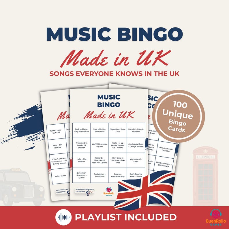Puede incluir: Juego de bingo musical con el texto "Made in UK" y "Songs Everyone Knows in the UK". El juego incluye cartones de bingo, una tarjeta redonda con "100 Unique Bingo Cards" y una bandera de la Union Jack. Se incluye una lista de reproducci&oacute;n.