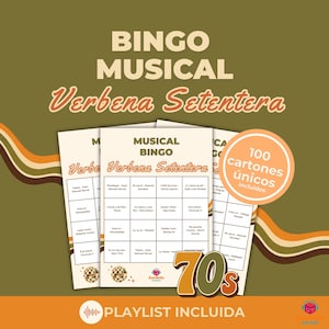 May include: A set of musical bingo cards with the title "Verbena Setentera" in a retro font. The cards are white with a grid of song titles. A circular sticker indicates "100 unique cards included". The background is olive green with brown and orange stripes.