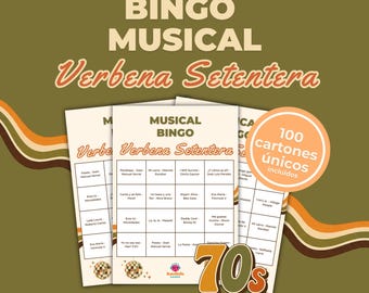 70er-Jahre-Musik-Bingo (Spanisch) | Partyspiel zum Ausdrucken | 100 Bingokarten + Spotify-Playlist | Sofort-Download