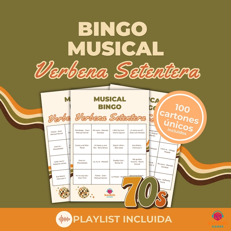 May include: A set of musical bingo cards with the title "Verbena Setentera" in a retro font. The cards are white with a grid of song titles. A circular sticker indicates "100 unique cards included". The background is olive green with brown and orange stripes.