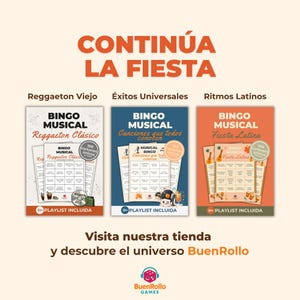 May include: Three Bingo Musical game sets are displayed, themed Reggaeton Cl&aacute;sico, &Eacute;xitos Universales, and Fiesta Latina. Each set includes 100 unique cards and a playlist. The text "CONTIN&Uacute;A LA FIESTA" is at the top, with the BuenRollo Games logo at the bottom.