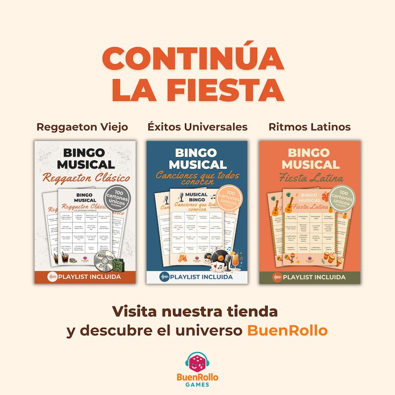 May include: Three Bingo Musical game sets are displayed, themed Reggaeton Cl&aacute;sico, &Eacute;xitos Universales, and Fiesta Latina. Each set includes 100 unique cards and a playlist. The text "CONTIN&Uacute;A LA FIESTA" is at the top, with the BuenRollo Games logo at the bottom.