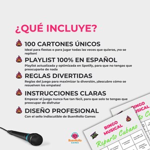May include: A promotional image for a musical bingo game. The image features text in Spanish, including "&iquest;QU&Eacute; INCLUYE?" and details about the game's components. A microphone and game cards are also visible, with the BuenRollo Games logo.