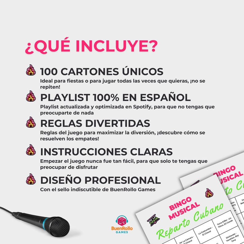 May include: A promotional image for a musical bingo game. The image features text in Spanish, including "&iquest;QU&Eacute; INCLUYE?" and details about the game's components. A microphone and game cards are also visible, with the BuenRollo Games logo.