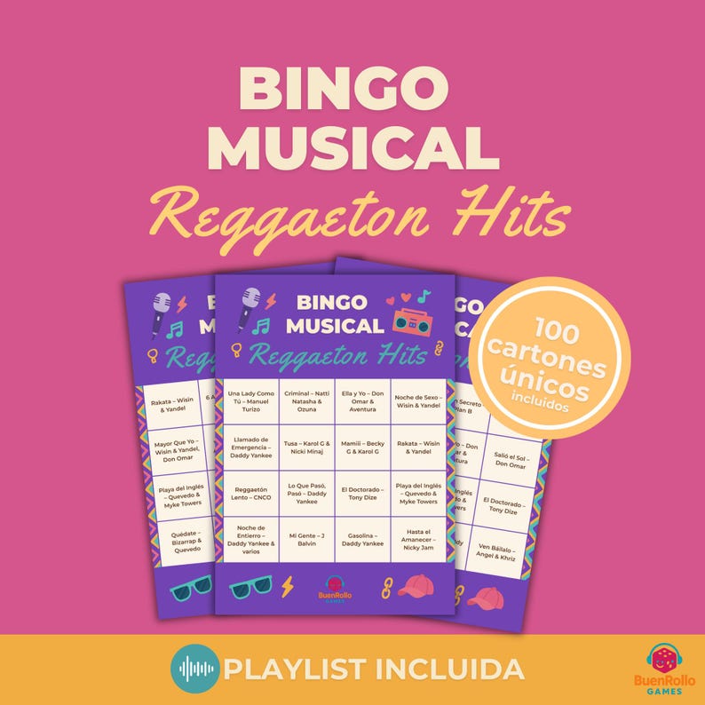 Reggaeton Hits Muzikale Bingo | 100 Unieke Kaarten | Printbaar Feestspel | Inclusief Spotify-afspeellijst afbeelding 1