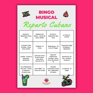 May include: A colorful bingo card with the text "BINGO MUSICAL Reparto Cubano" in green and pink. The card features song titles and artist names, along with illustrations of a cocktail, a flame, a logo, and a scooter. The background is pink.