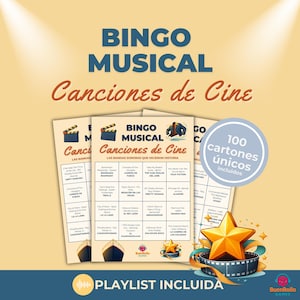 Bingo Musical Bandas Sonoras en Español | Canciones de Películas y Cine | 100 Cartones + Playlist | PDF imprimible para fiestas