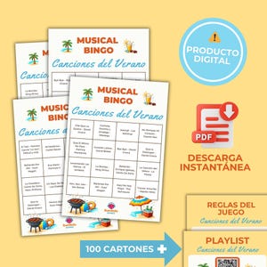 Puede incluir: Un conjunto de tarjetas del juego Musical Bingo con el t&iacute;tulo "Canciones del Verano". Las tarjetas presentan ilustraciones de palmeras, bebidas y una escena de playa. Tambi&eacute;n se ve un icono de producto digital y un bot&oacute;n de descarga PDF.