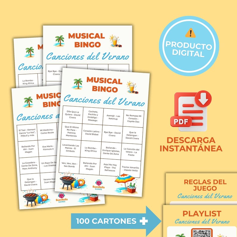 Puede incluir: Un conjunto de tarjetas del juego Musical Bingo con el t&iacute;tulo "Canciones del Verano". Las tarjetas presentan ilustraciones de palmeras, bebidas y una escena de playa. Tambi&eacute;n se ve un icono de producto digital y un bot&oacute;n de descarga PDF.