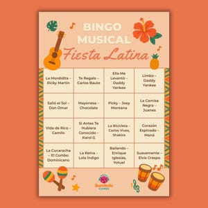 May include: A Bingo Musical Fiesta Latina game card with a light orange background. The card features song titles and artist names, along with musical instrument illustrations. The game's title is in a decorative font.