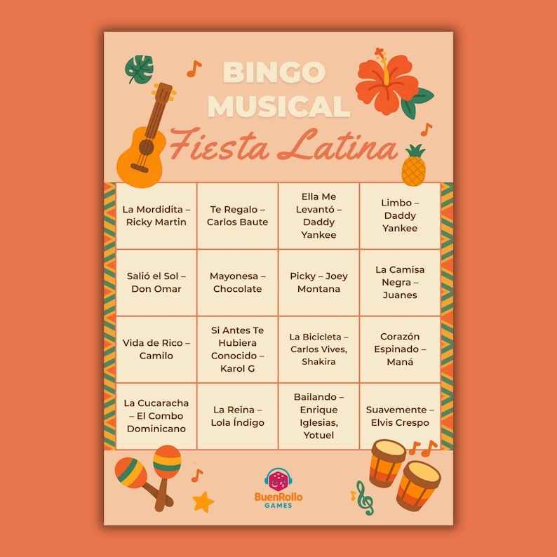 May include: A Bingo Musical Fiesta Latina game card with a light orange background. The card features song titles and artist names, along with musical instrument illustrations. The game's title is in a decorative font.
