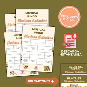 May include: A stack of printed bingo cards with the title "MUSICAL BINGO Verbena Setentera" in a retro 70s style. The image includes a digital product badge, a PDF download icon, and the text "100 CARTONES +".