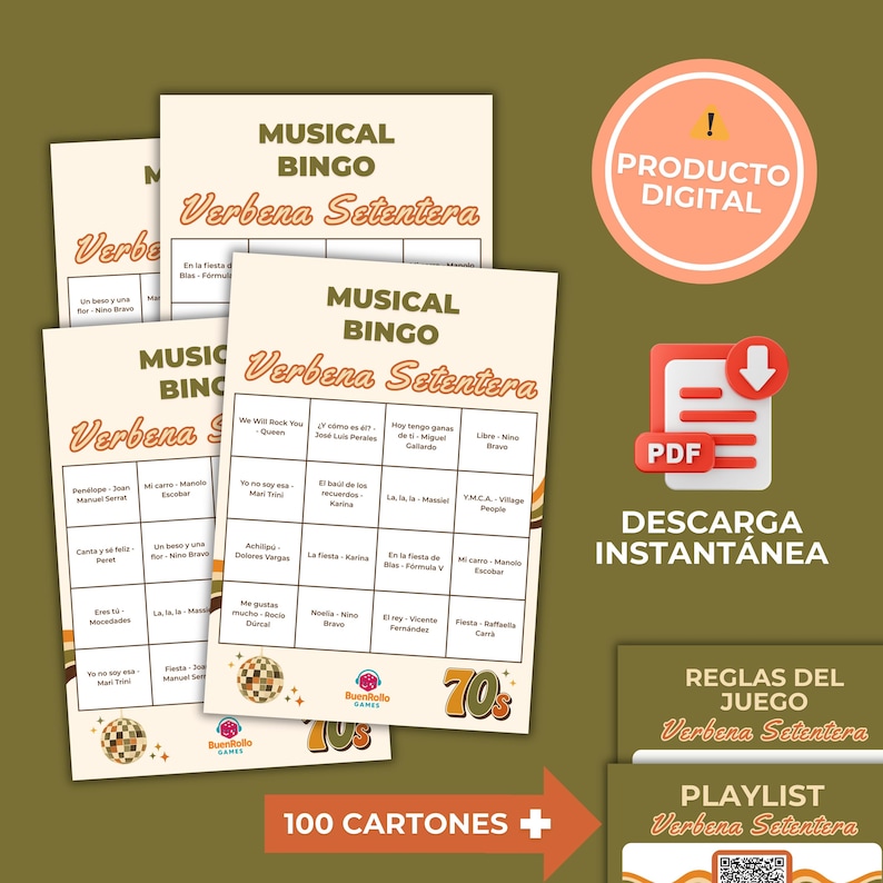 May include: A stack of printed bingo cards with the title "MUSICAL BINGO Verbena Setentera" in a retro 70s style. The image includes a digital product badge, a PDF download icon, and the text "100 CARTONES +".